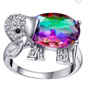 New Rainbow CZ Silver Lucky Elephant Ring.